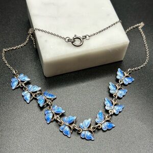 Volmer Bahner Denmark 925 blue guilloché enamel butterfly necklace 15”. #C106